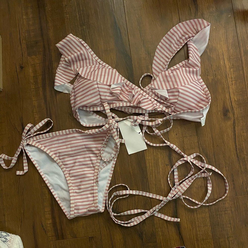 NWT Pink & White Striped Ruffle Bikini